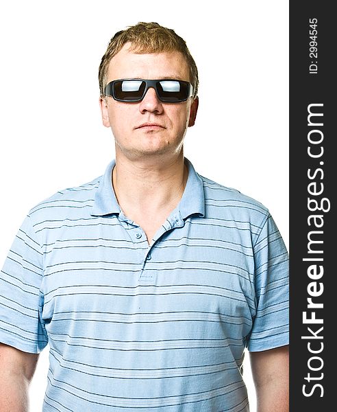 Portrait serious men in sunglasses isolated on a white background. Portrait serious men in sunglasses isolated on a white background