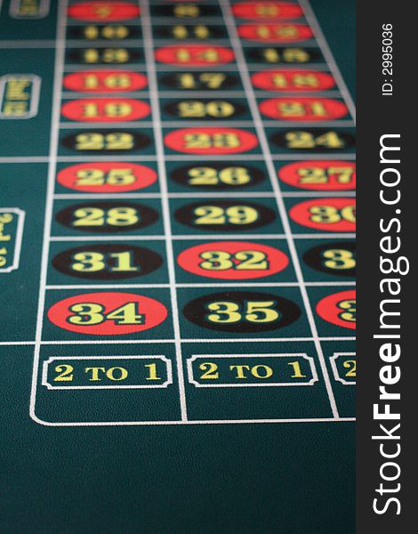 A closeup of a roulette table showing small odds. A closeup of a roulette table showing small odds