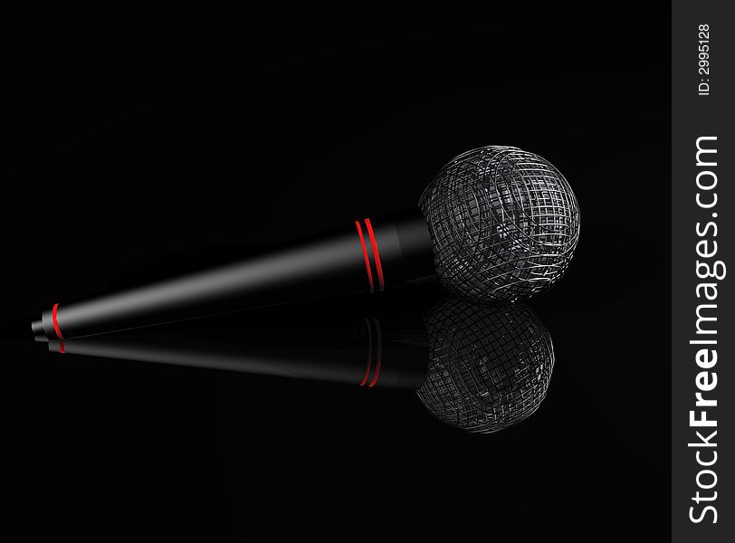 A close up of a 3D rendered microphone on a black reflective surface. A close up of a 3D rendered microphone on a black reflective surface.