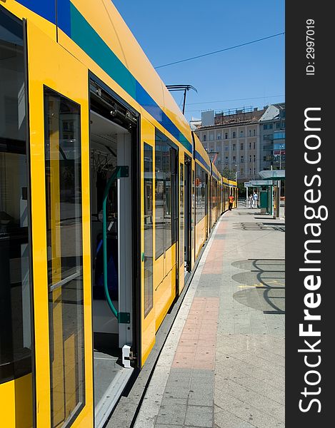 Longest articulated tram in the world exterior in Budapest (Hungary) at station.