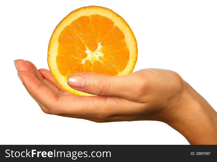 Human Hand Isolated on White: Holding an Orange Slice