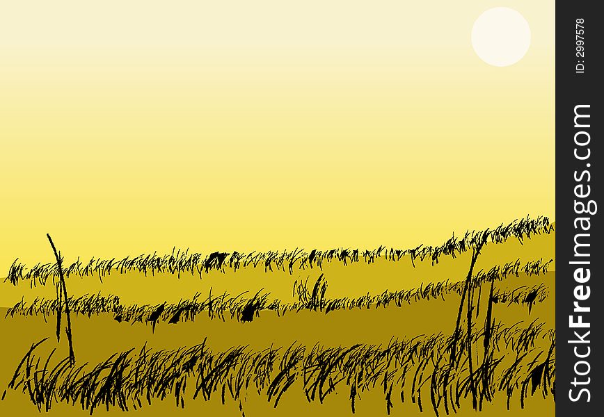 Landscape scene with grass and fields and a yellow sky. Landscape scene with grass and fields and a yellow sky