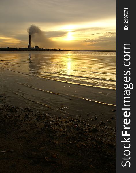 Thermal power plant in time of sunset