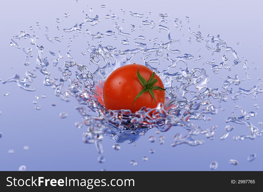 A ripe tomato suspended in the air with a spash of water behind it. A ripe tomato suspended in the air with a spash of water behind it.