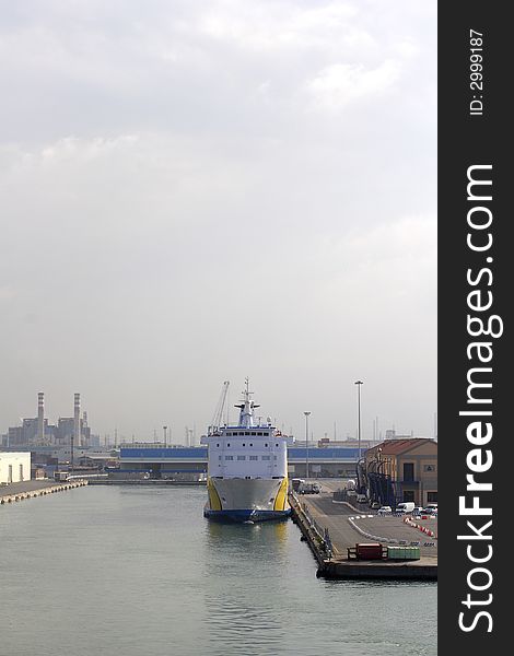 Ferry on dockside of harbor Livorno Italy