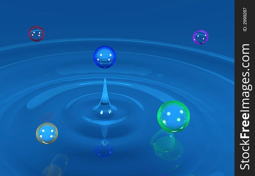 Colorful water drops with wavy water surface