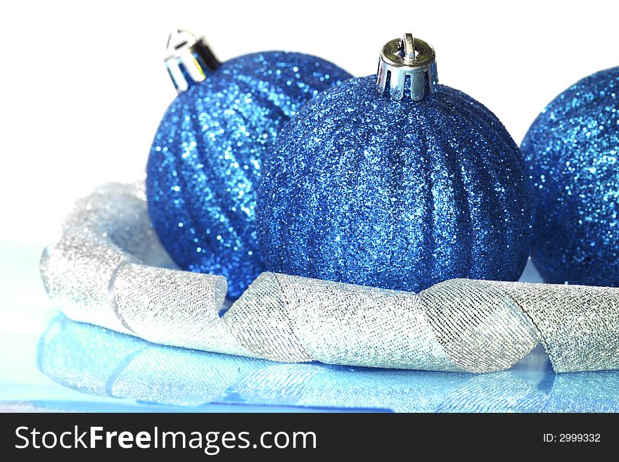 Blue Christmas balls with ribbon