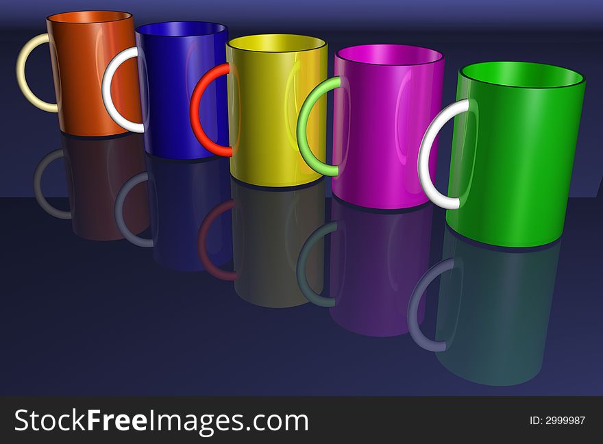 Colorful cups on blue reflective surface
