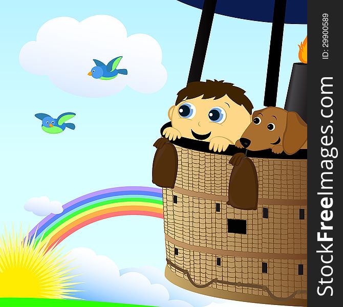 The boy and the dog fly in a hot air balloon. The boy and the dog fly in a hot air balloon