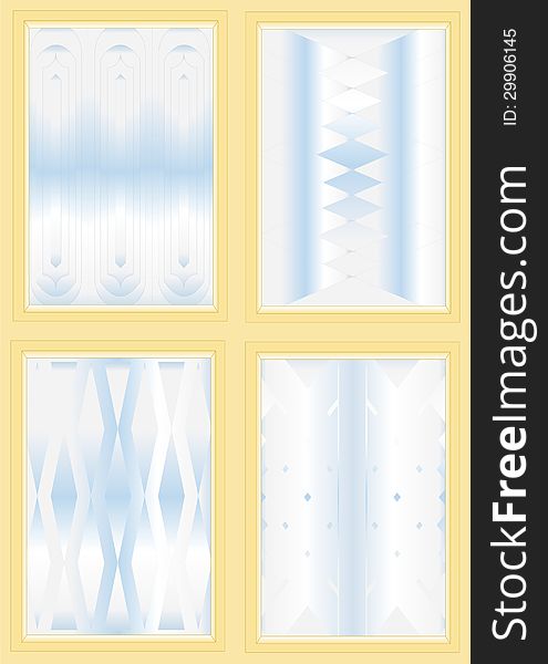 Variety of corrugated glass under a different pattern, with a light blue background. Variety of corrugated glass under a different pattern, with a light blue background.