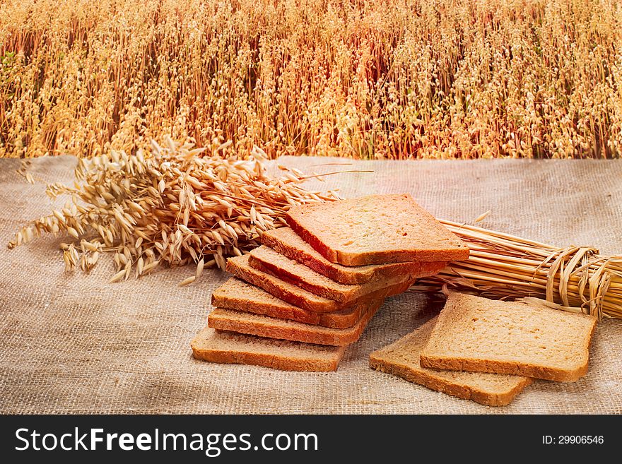 Loaf of rye bread on a background of ripe rye field at sunset