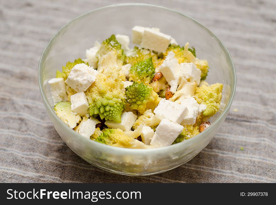 Romanesco cauliflower and telemea cheese warm salad. Romanesco cauliflower and telemea cheese warm salad