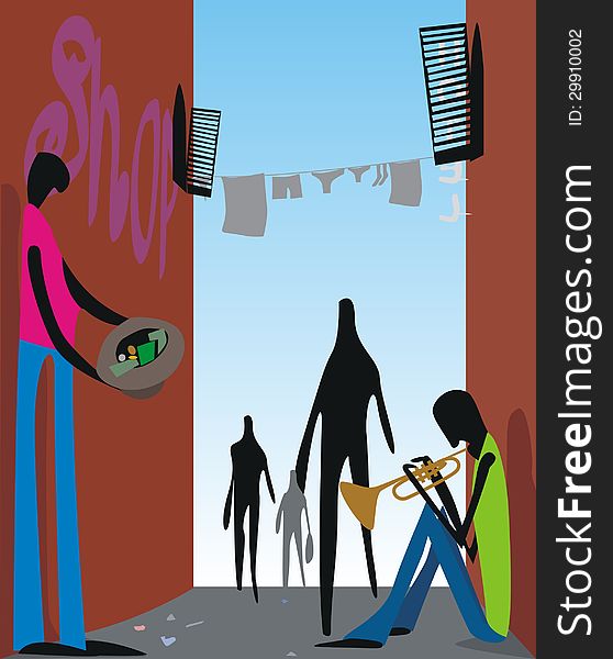 An illustration of street musicians and people silhouettes. An illustration of street musicians and people silhouettes