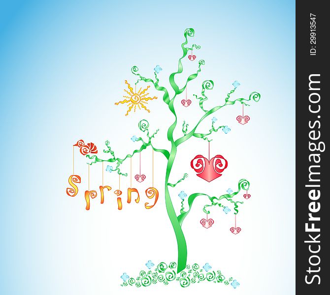 Invented spring tree with hearts, sun, flowers and bird on branches. Invented spring tree with hearts, sun, flowers and bird on branches.