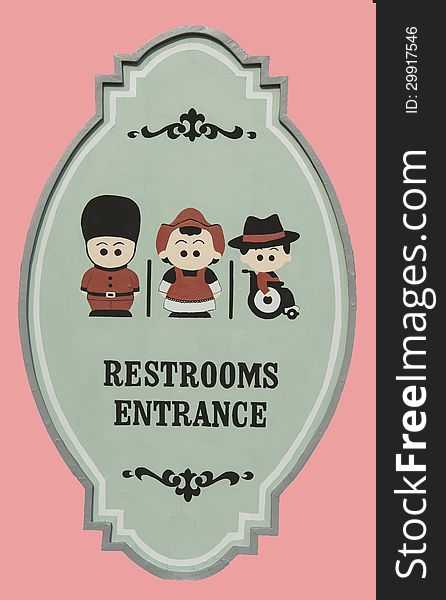 Modern restroom entrance sign isolated on pink background