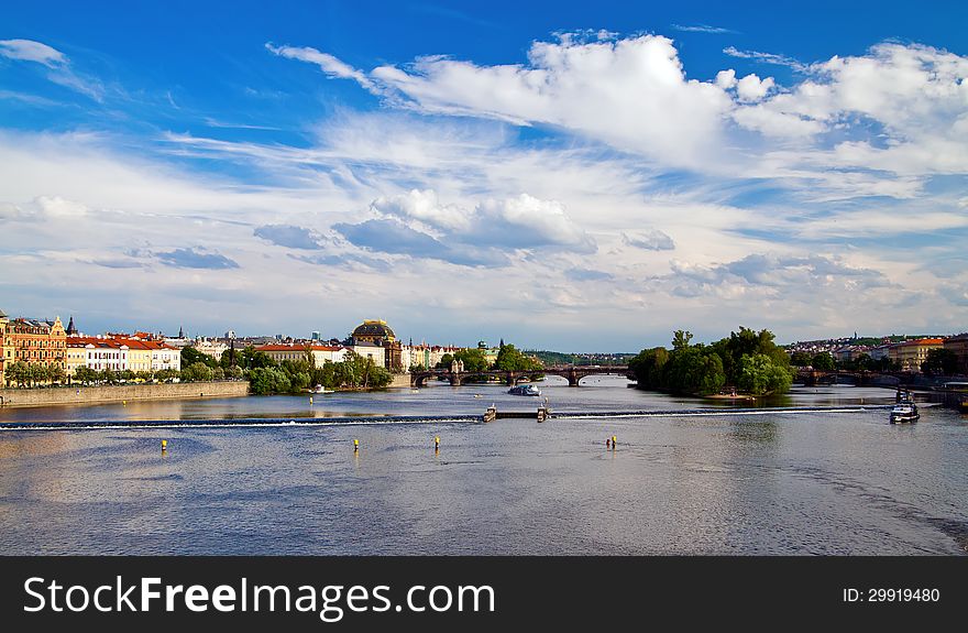 Amazing view of Vltava river and residential houses in Prague from Charles bridge. Amazing view of Vltava river and residential houses in Prague from Charles bridge