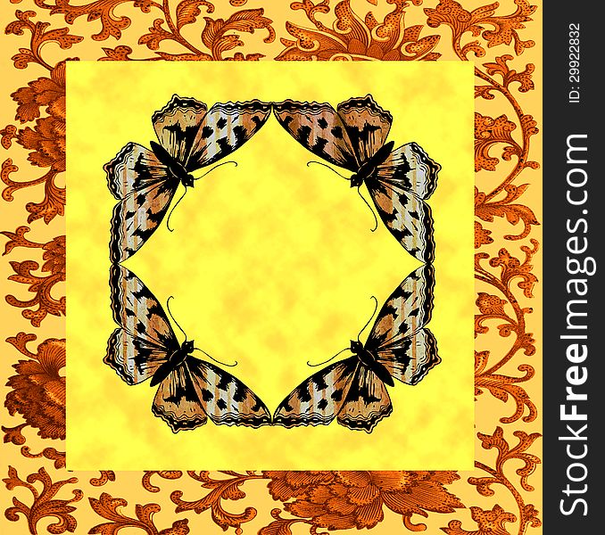 Orange and beige abstract floral background with a butterfly frame in the center. Ideal for your family photographs, scrapbooks, invitations. Orange and beige abstract floral background with a butterfly frame in the center. Ideal for your family photographs, scrapbooks, invitations.