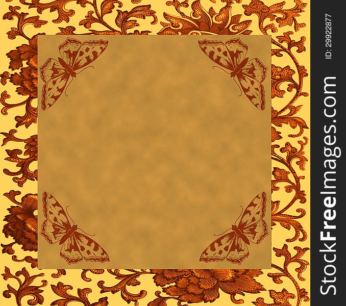 A vintage orange and beige abstract floral background with a grunge brown butterfly frame. Ideal for scrapbooks, portraits, cards. A vintage orange and beige abstract floral background with a grunge brown butterfly frame. Ideal for scrapbooks, portraits, cards.