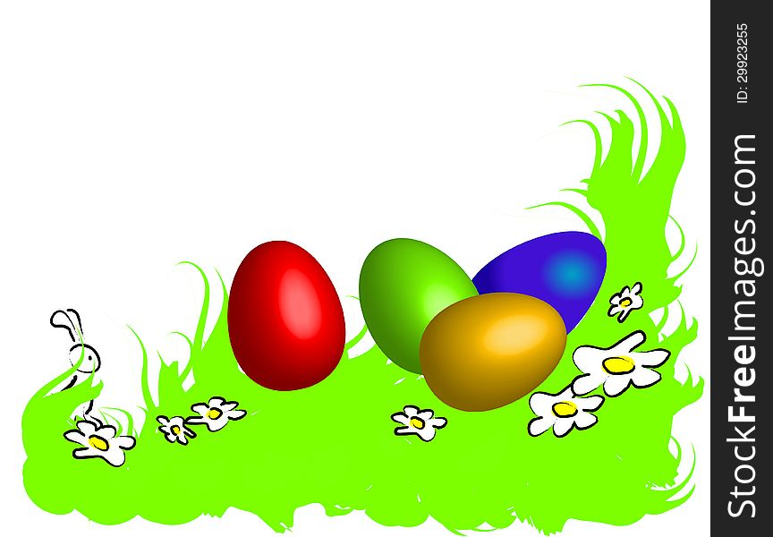 Funny happy easter frame with spring green grass, white daisies, 3D colored easter eggs and little rabbit hiding behind the grass. white background with place for text