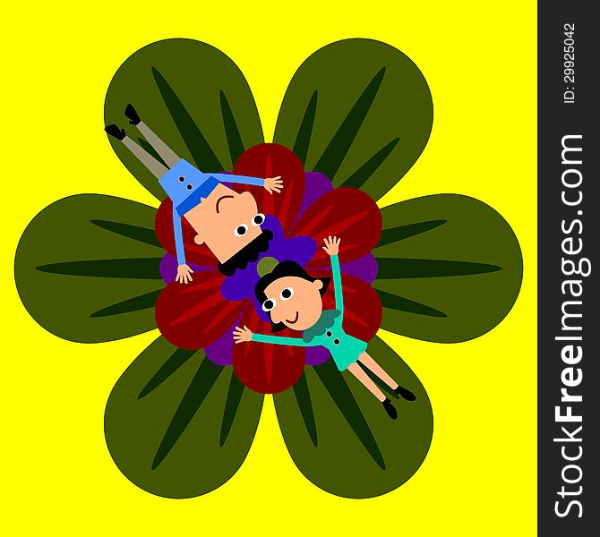 Illustration of two people lying on a giant flower. Illustration of two people lying on a giant flower