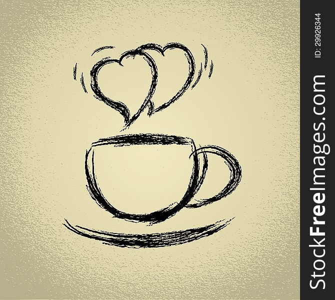 Cup of hot coffee. Heart-shaped steaming.Vector eps10 illustration.