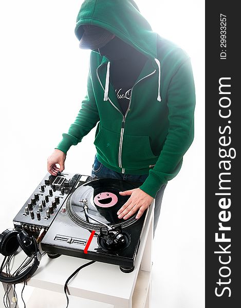 DJ on the white background with mixer. DJ on the white background with mixer