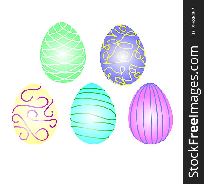 Five Decorative Easter Eggs on white background