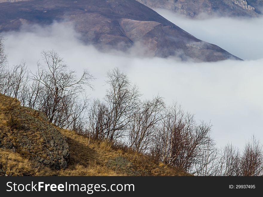 Winter mountains in the clouds