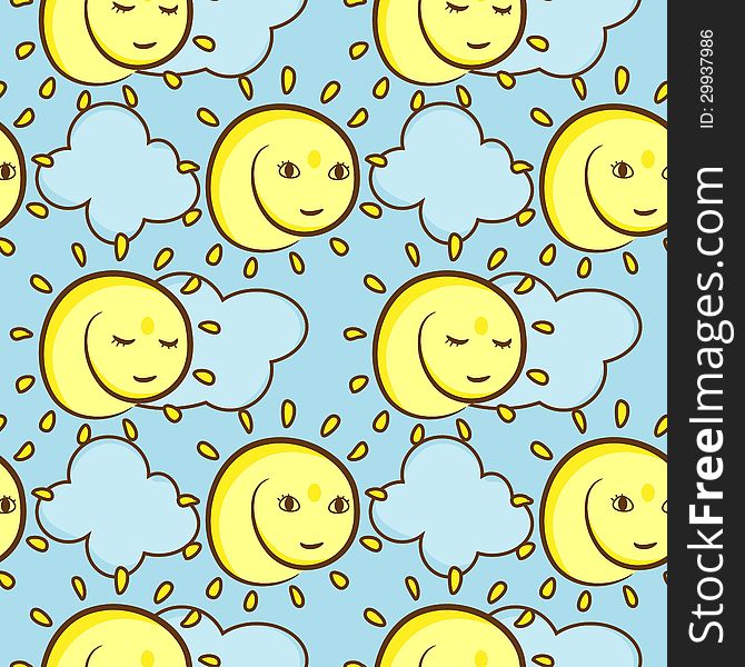 Vector seamless pattern with cute sun on the sky. Vector seamless pattern with cute sun on the sky