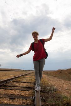 Smiling Teen Girl Walking On Rail Road Stock Images Smiling Teen Girl Walking On Rail Road Stock Images
