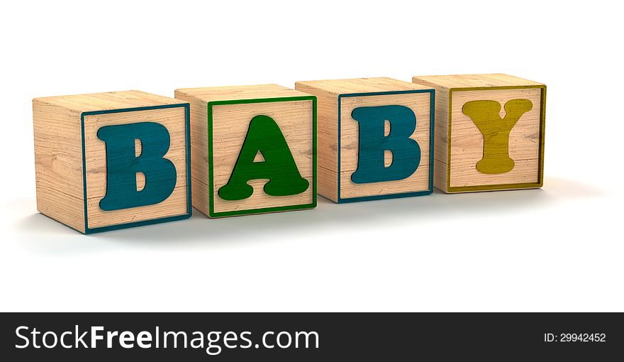 Baby Spelled out In Child Color Blocks Angled with White Background and soft shadows