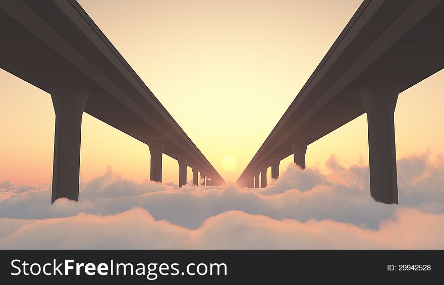 Two highways above clouds heading into a sunset. Two highways above clouds heading into a sunset