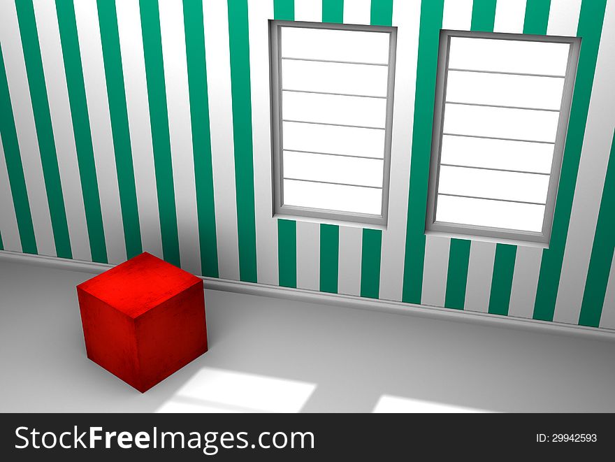 A solo red cube in a room with stripped wallpaper. Two windows with streaming sunlight. A solo red cube in a room with stripped wallpaper. Two windows with streaming sunlight