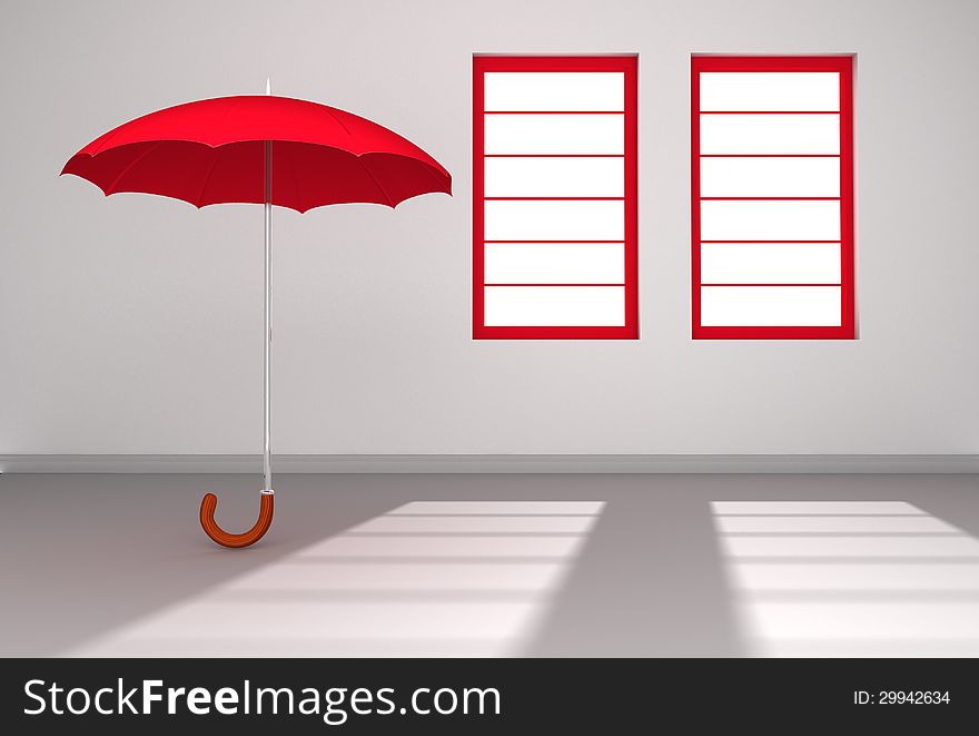 A lone red umbrella open in a white room with sun streaming through two windows. A lone red umbrella open in a white room with sun streaming through two windows