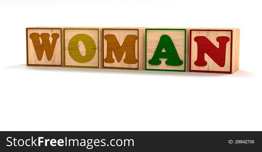 Woman Spelled out In Child Color Blocks Angled with White Background and soft shadows. Woman Spelled out In Child Color Blocks Angled with White Background and soft shadows