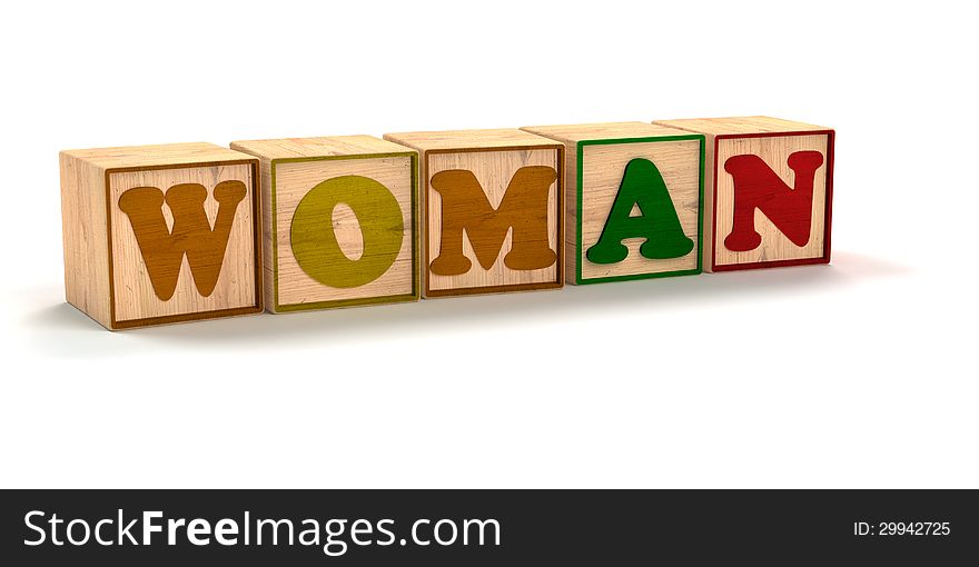 Woman spelled out In Child Color Blocks Angled with White Background and soft shadows. Woman spelled out In Child Color Blocks Angled with White Background and soft shadows