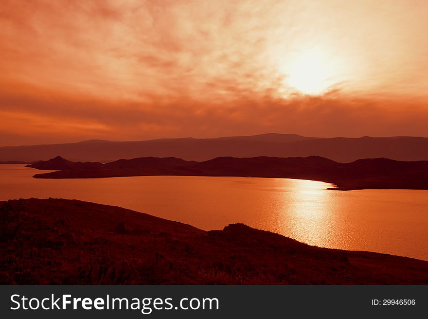 Sunset in a gulf of lake Baikal