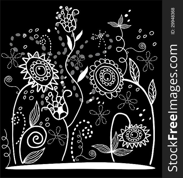 Vector background of beautiful vintage stylized flowers in black and white colors. Vector background of beautiful vintage stylized flowers in black and white colors