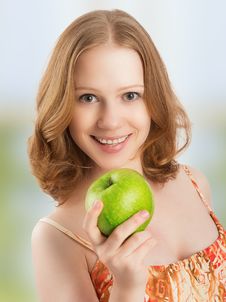 Healthy Woman Eating Fruit, Green Apple At Home Stock Photos