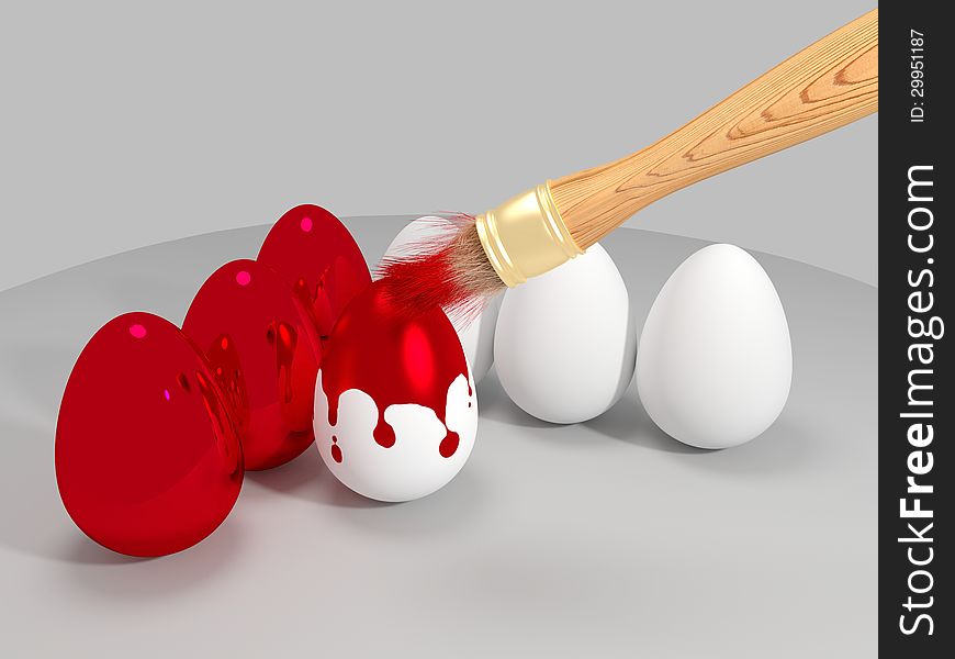 Painting eggs in red with paintbrush. 3D rendered. Painting eggs in red with paintbrush. 3D rendered.
