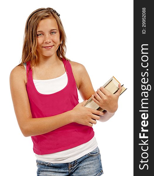 Vertical shot of a young teenager smiling at the camera while holding books. Isolated on a white background. Shot in studio. Vertical shot of a young teenager smiling at the camera while holding books. Isolated on a white background. Shot in studio.