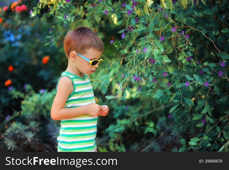 Little boy in a green shirt walking along the paths in the park. Little boy in a green shirt walking along the paths in the park