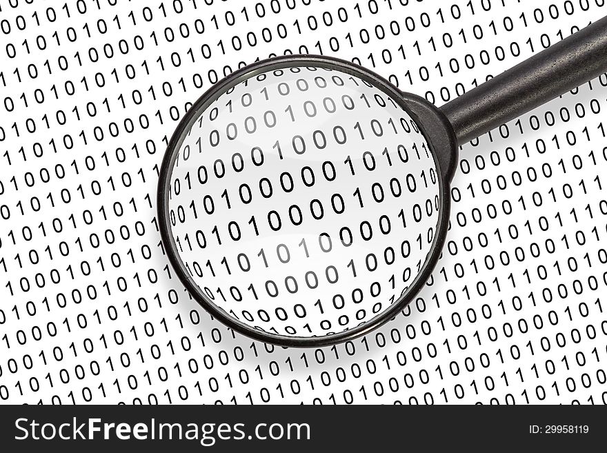 Close up of magnifying glass, on digital background, with clipping path