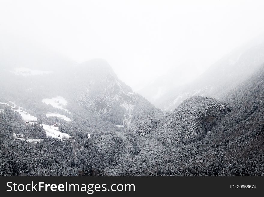 Winter view of mountain in the fog