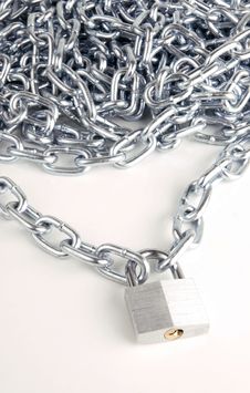Link Chain Connected By Keyed Steel Locking Padlock On White Stock Images Link Chain Connected By Keyed Steel Locking Padlock On White Stock Images