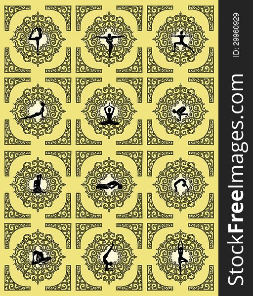 Yellow oriental pattern with yoga figures. Yellow oriental pattern with yoga figures
