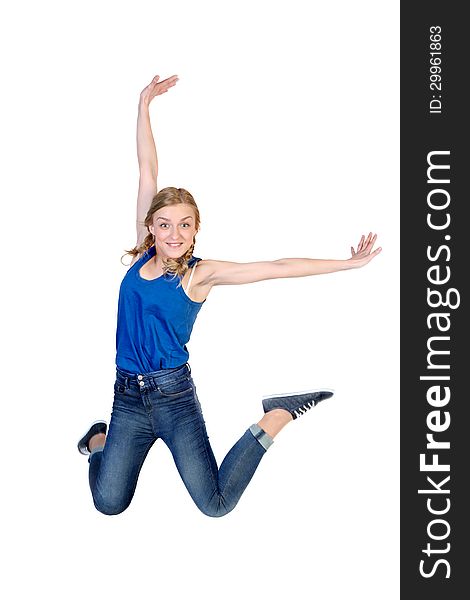 Young happy caucasian woman jumping in the air , isolated on white background