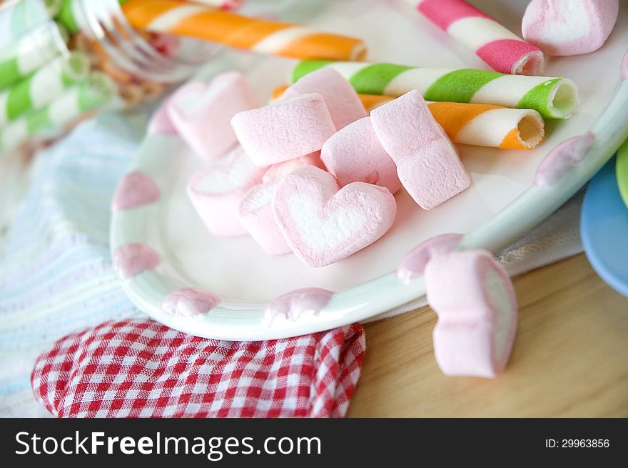 Close up sweet heart marshmallow on plate