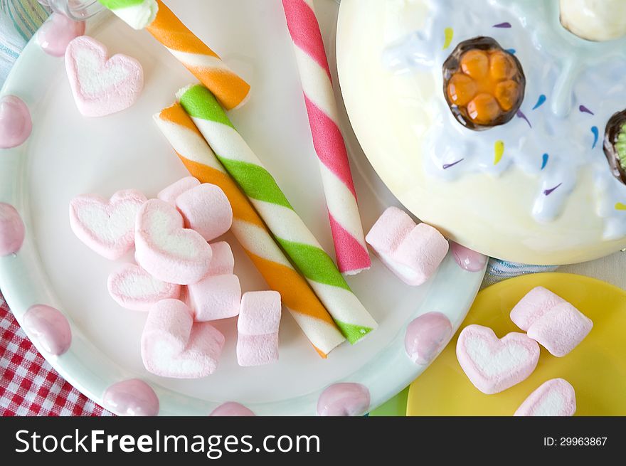 Candy party marshmallow and colorful wafer stick. Candy party marshmallow and colorful wafer stick