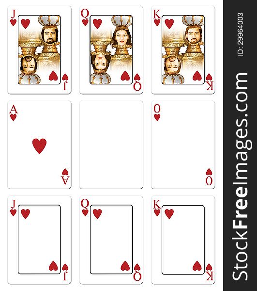 My illustration of heart playing cards: Jack through Ace, plus blank versions with a clipping path to insert your own images.